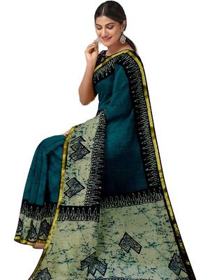 Teal blue batik printed saree 4