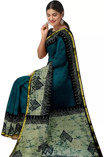 Teal blue batik printed saree