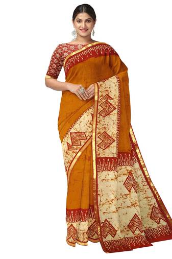 Mustard yellow batik printed saree