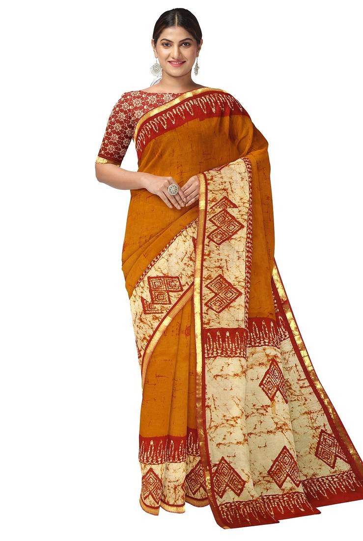 Mustard yellow batik printed saree