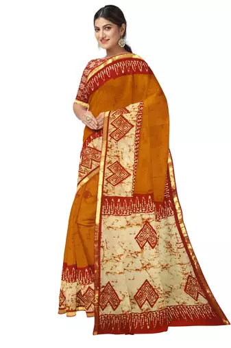 Mustard yellow batik printed saree