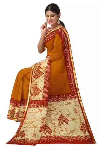 Mustard yellow batik printed saree