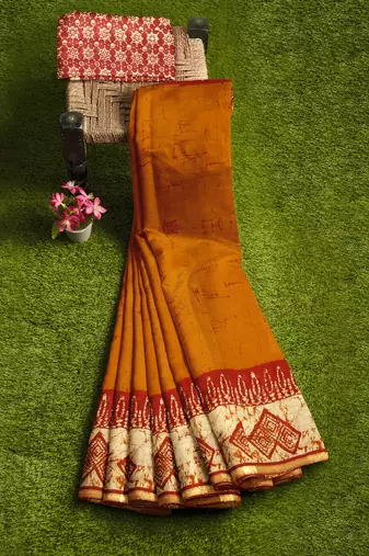 Mustard yellow batik printed saree