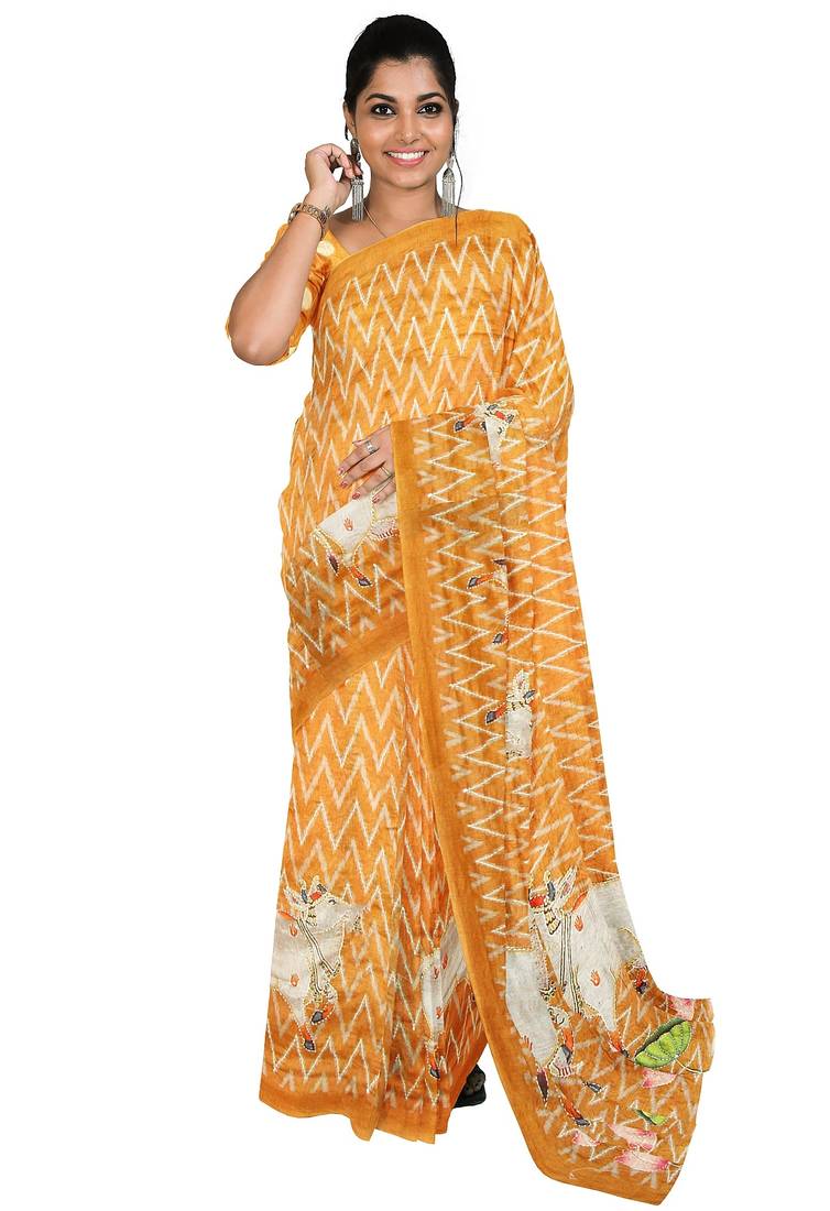 Mustard yellow folk art saree