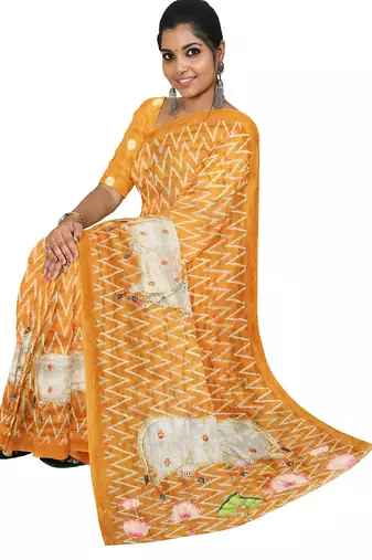 Mustard yellow folk art saree