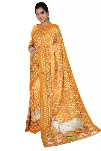 Mustard yellow folk art saree