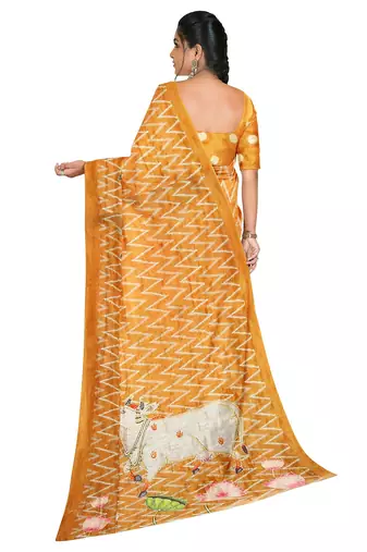 Mustard yellow folk art saree