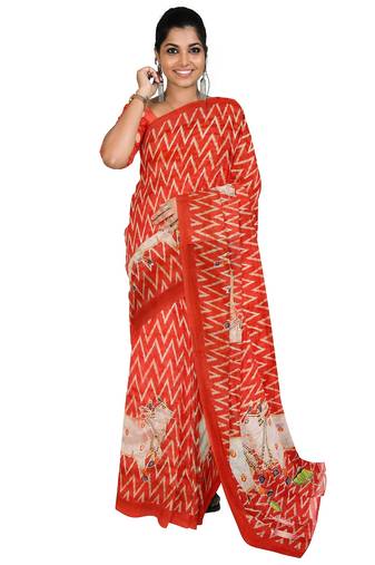 Coral red folk art saree