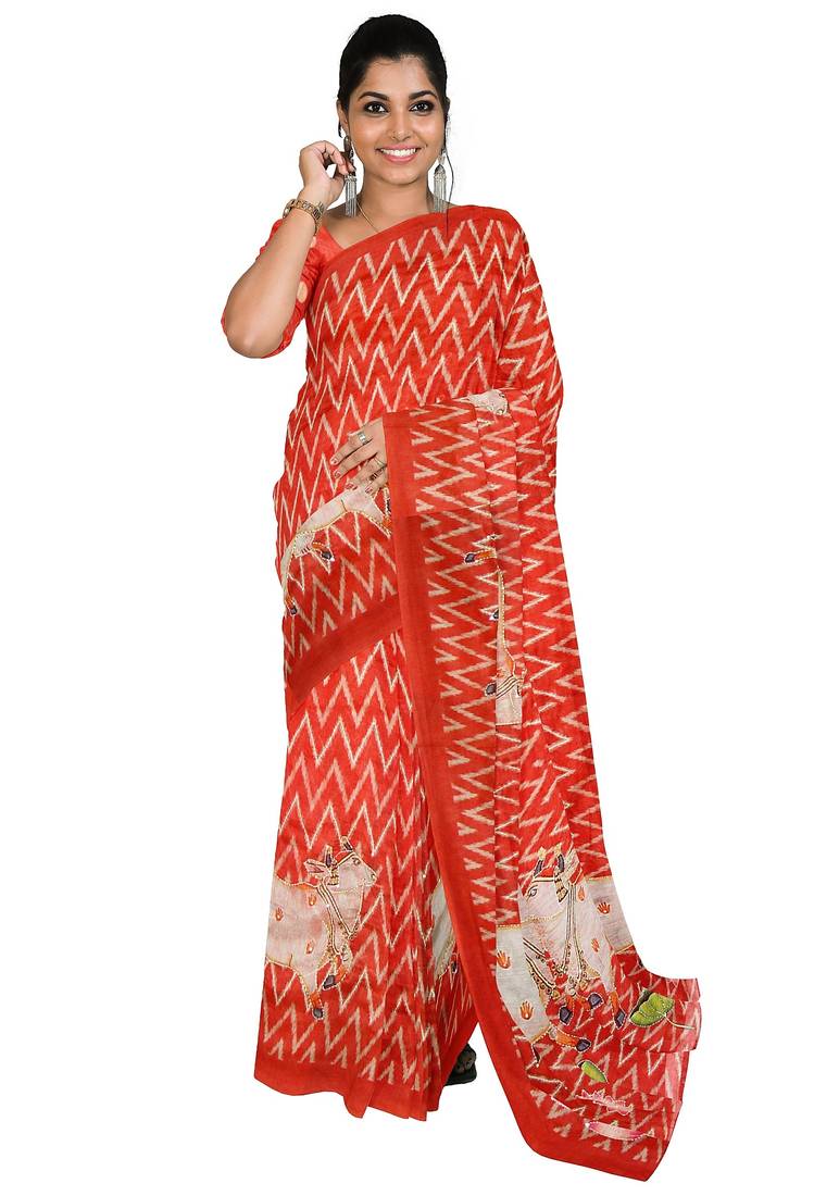 Coral red folk art saree
