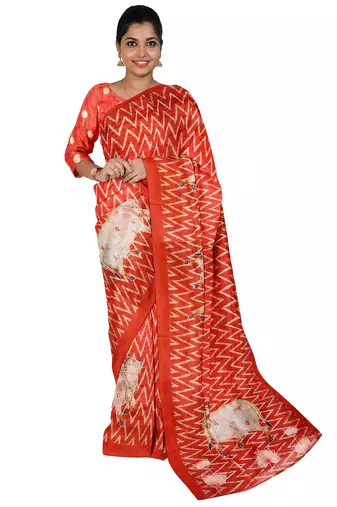 Coral red folk art saree