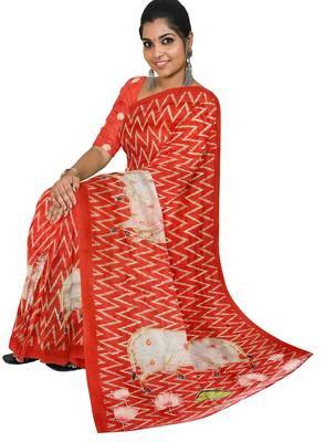 Coral red folk art saree 3