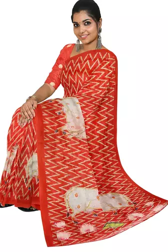 Coral red folk art saree