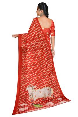 Coral red folk art saree 4
