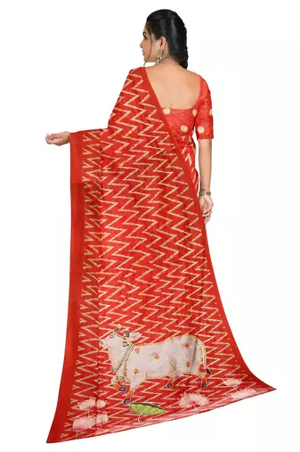 Coral red folk art saree