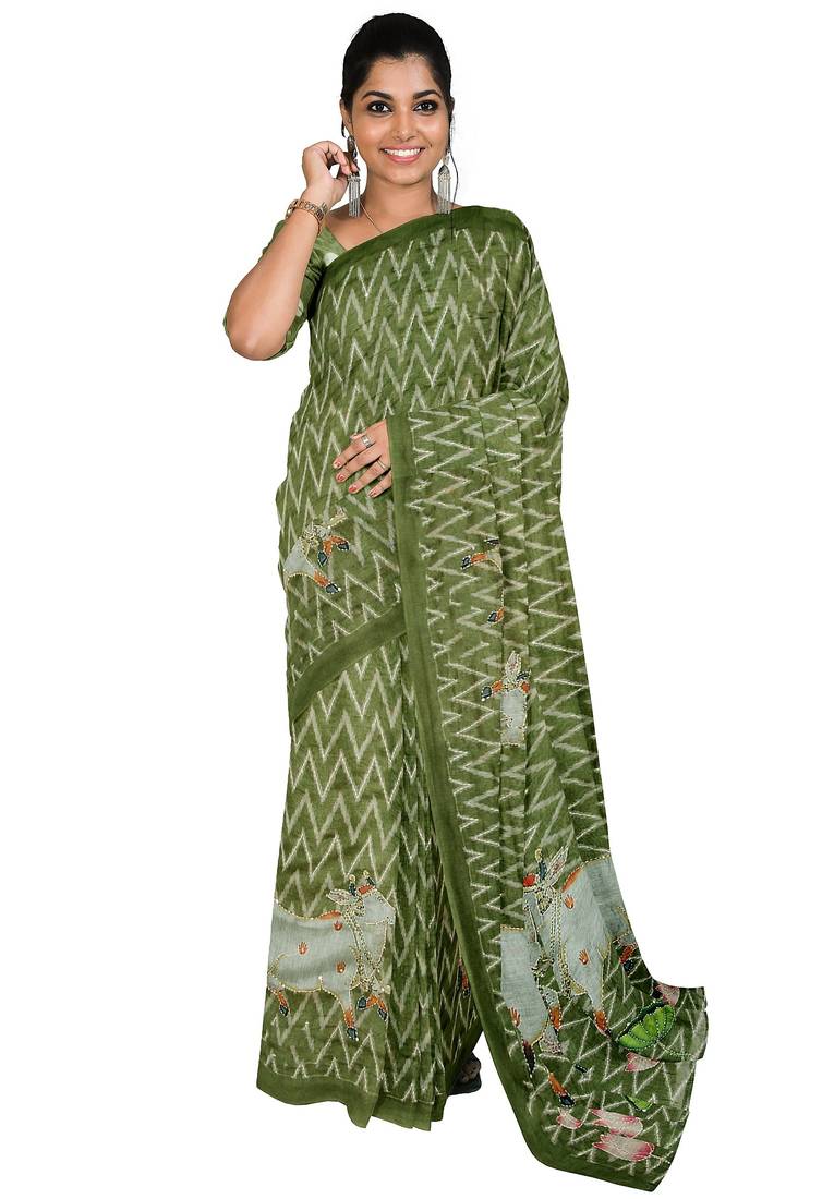 Olive green folk art saree