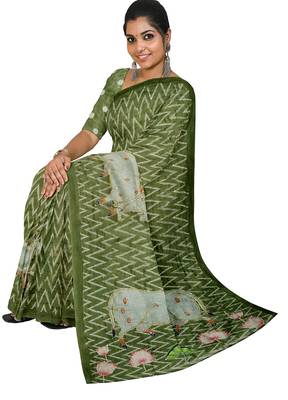 Olive green folk art saree 2