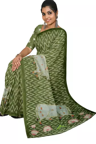 Olive green folk art saree