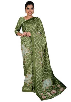 Olive green folk art saree 3