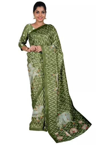 Olive green folk art saree
