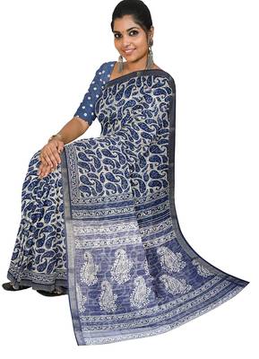 Navy Blue printed cotton saree 2
