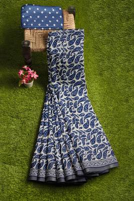 Navy Blue printed cotton saree 4
