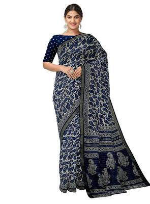 Navy blue paisley print saree 1