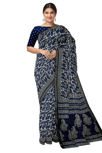 Navy blue paisley print saree