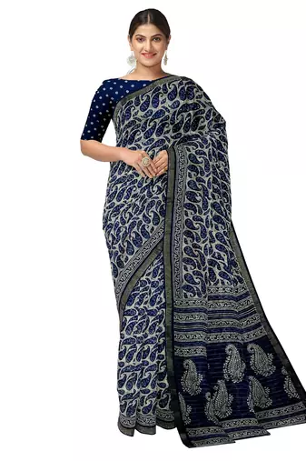 Navy blue paisley print saree