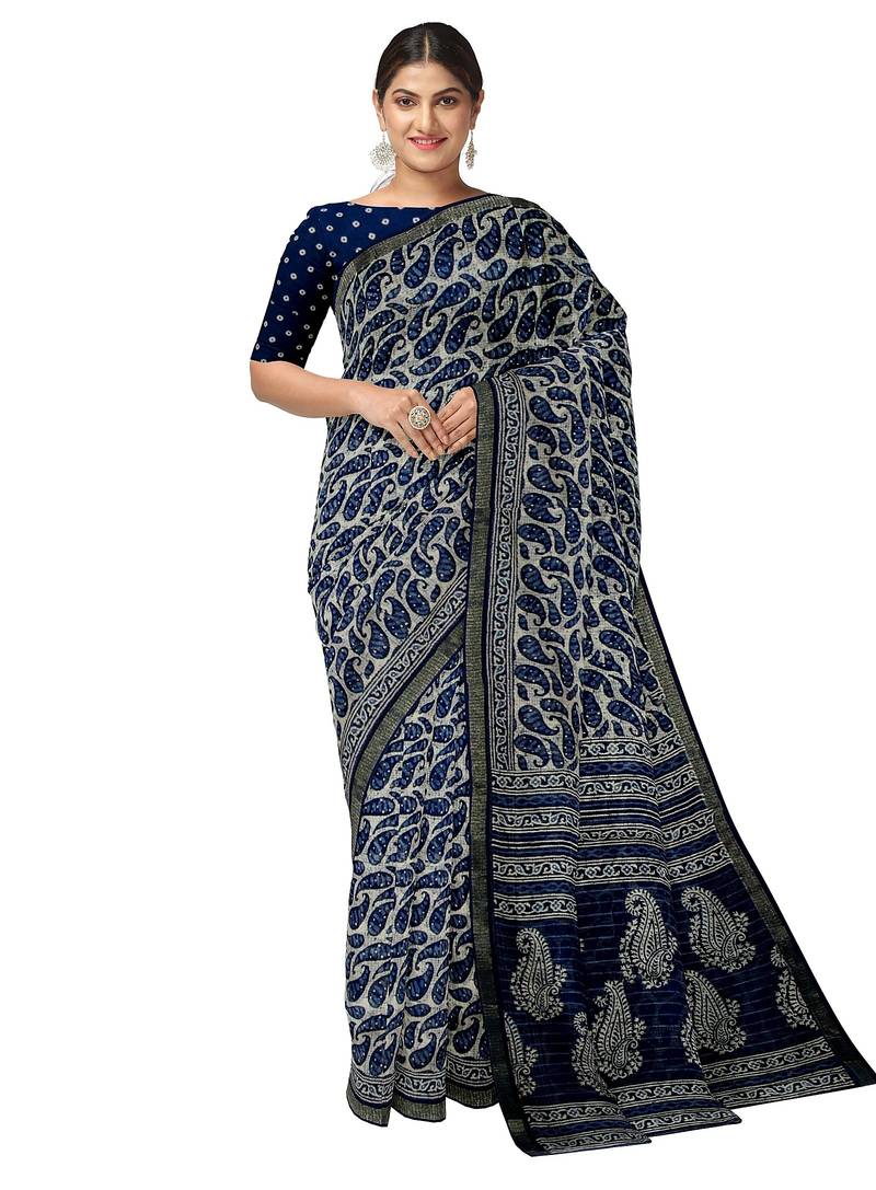 Navy blue paisley print saree
