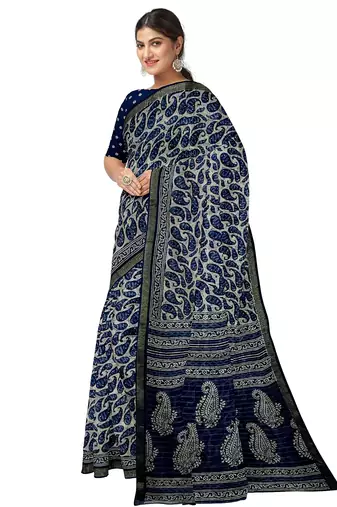 Navy blue paisley print saree