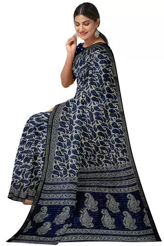 Navy blue paisley print saree