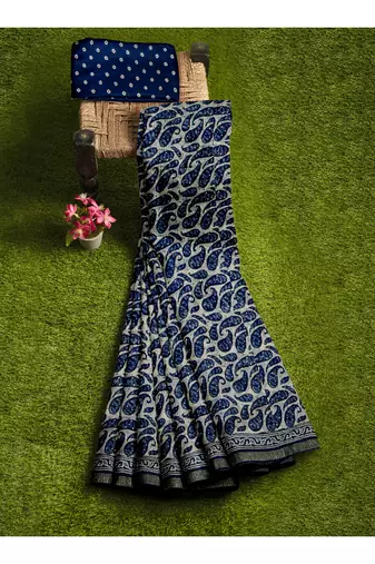 Navy blue paisley print saree