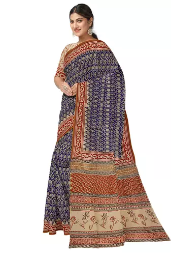 Royal blue floral block print saree