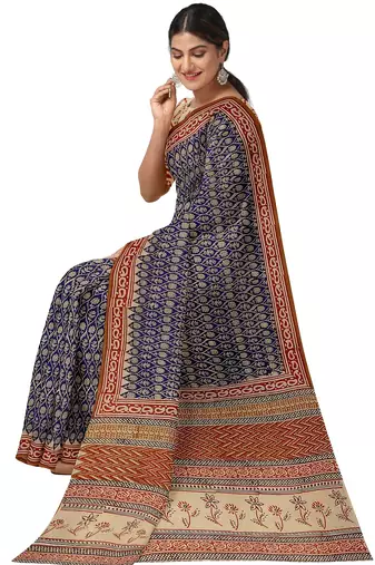 Royal blue floral block print saree