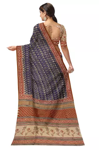Royal blue floral block print saree