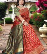 Red & Green Banarasi Cotton Silk Saree With Woven Zari Design and Rich Pallu