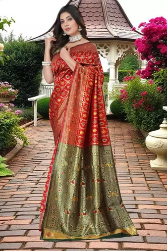 Red & Green Banarasi Cotton Silk Saree With Woven Zari Design and Rich Pallu
