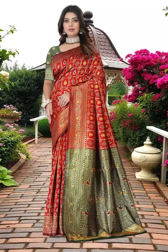 Red & Green Banarasi Cotton Silk Saree With Woven Zari Design and Rich Pallu