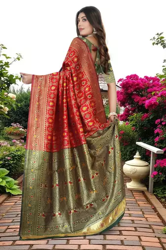 Red & Green Banarasi Cotton Silk Saree With Woven Zari Design and Rich Pallu