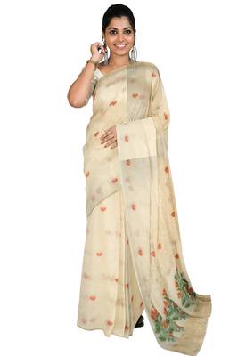 Elegant off white floral printed cotton saree 1