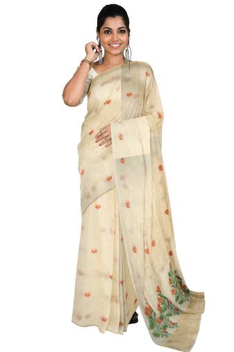 Elegant off white floral printed cotton saree