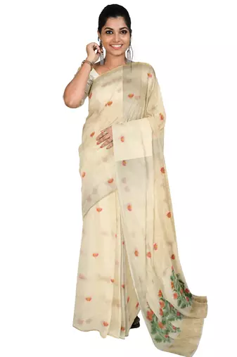 Elegant off white floral printed cotton saree