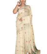Elegant off white floral printed cotton saree
