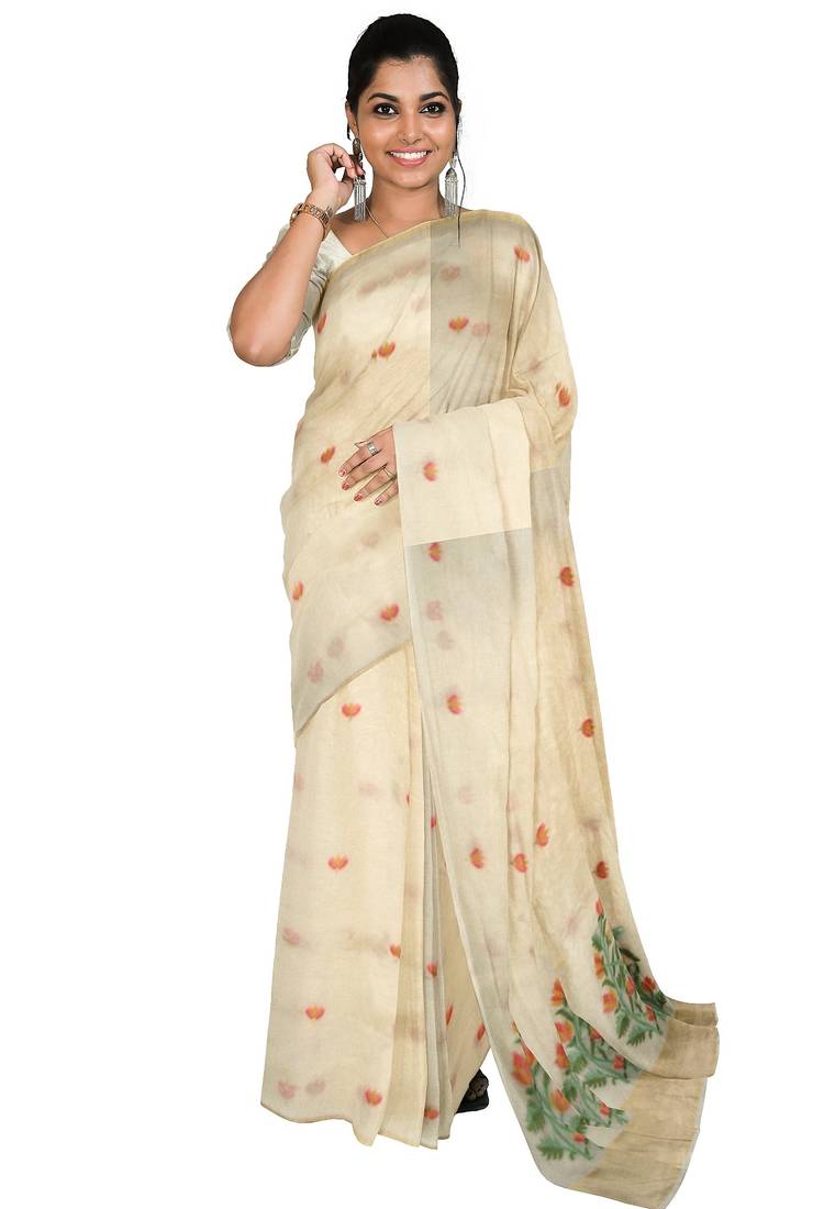 Elegant off white floral printed cotton saree