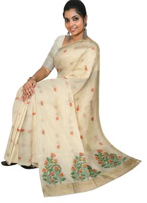 Elegant off white floral printed cotton saree 2