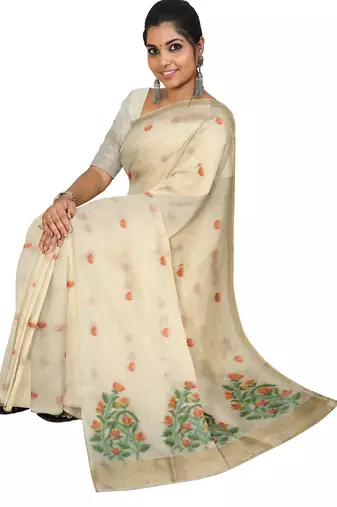 Elegant off white floral printed cotton saree