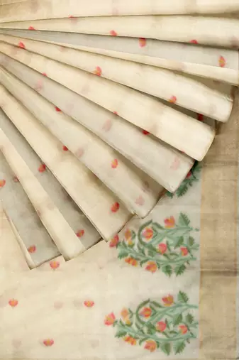 Elegant off white floral printed cotton saree
