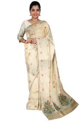 Elegant off white floral printed cotton saree 4