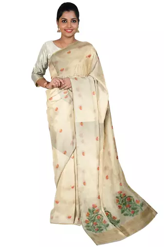 Elegant off white floral printed cotton saree