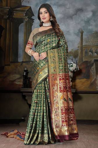 Green Banarasi Cotton Silk Saree with maroon Woven Pallu and Traditional Zari Design
